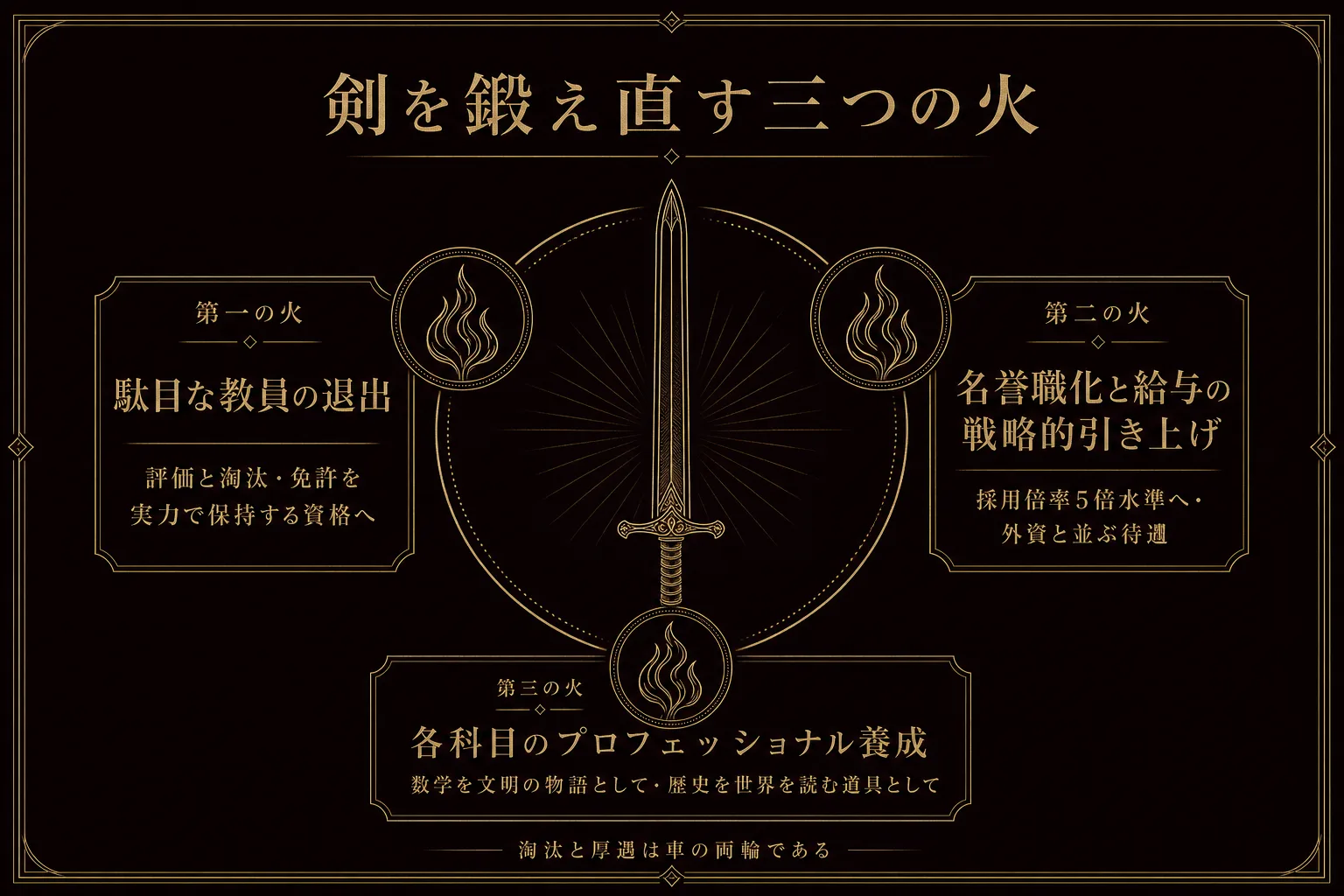 剣を鍛え直す三つの火——駄目な教員の退出、名誉職化と給与の戦略的引き上げ、各科目のプロフェッショナル養成
